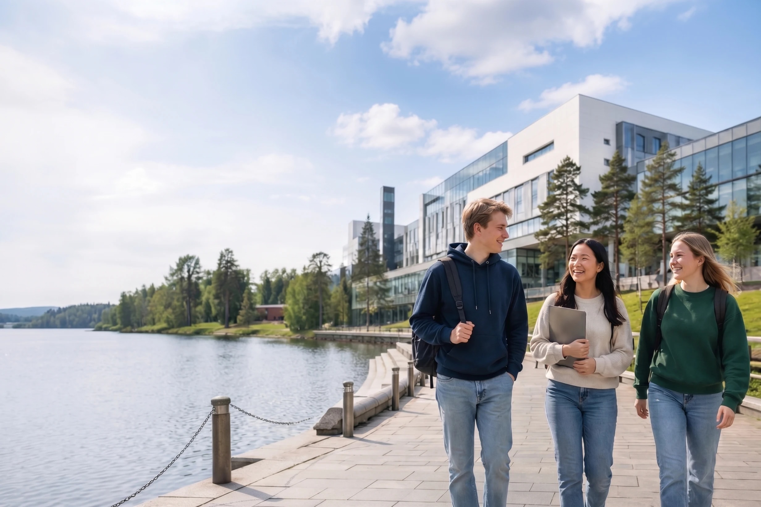 Students walking through a Finnish university campus